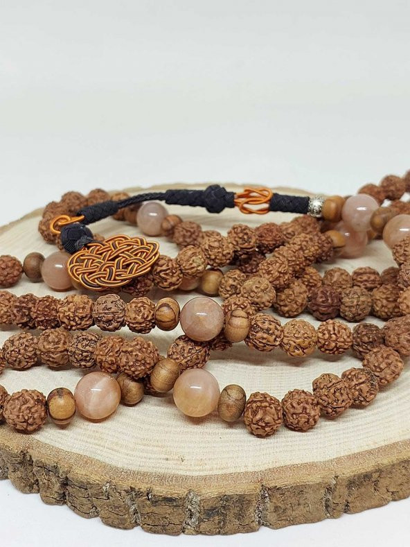 Rudraksha Tohumlu Güneş Taşlı 108lik El Yapımı Bakır Kazazlı Mala Kolye - Resim 3