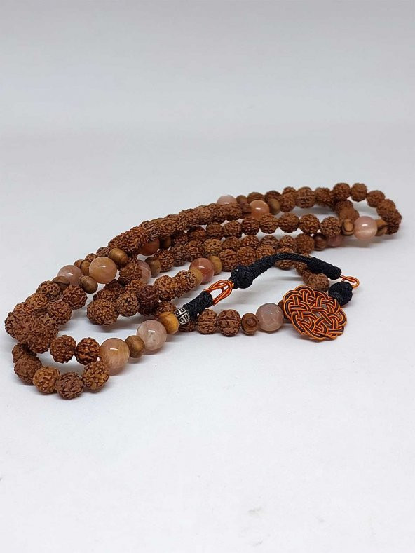 Rudraksha Tohumlu Güneş Taşlı 108lik El Yapımı Bakır Kazazlı Mala Kolye - Resim 4