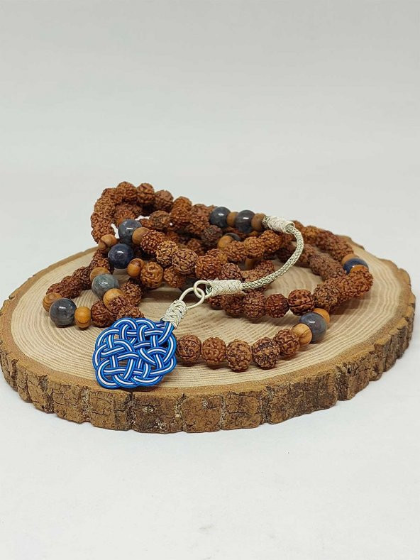 Rudraksha Tohumlu Kyanit Taşlı 108lik El Yapımı Bakır Kazazlı Mala Kolye ürün görseli