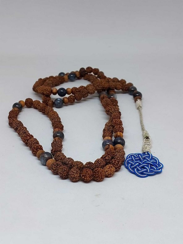 Rudraksha Tohumlu Kyanit Taşlı 108lik El Yapımı Bakır Kazazlı Mala Kolye - Resim 2