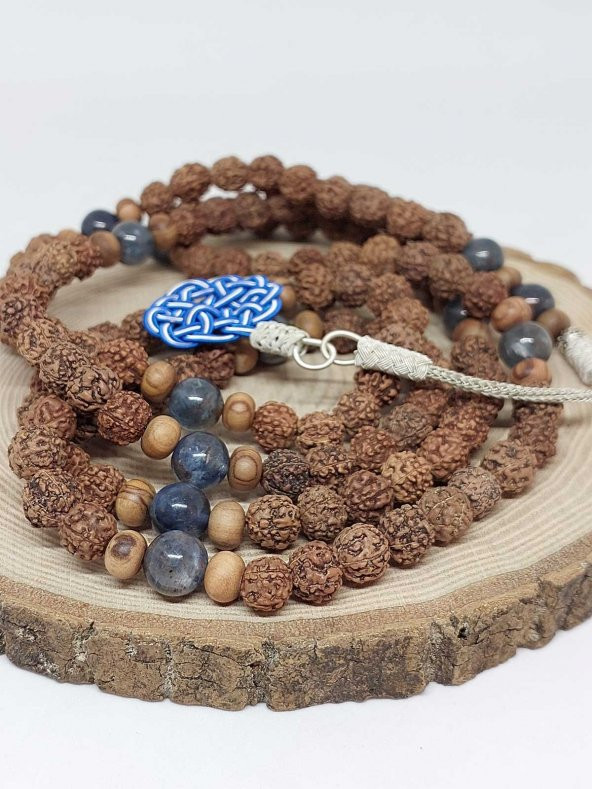 Rudraksha Tohumlu Kyanit Taşlı 108lik El Yapımı Bakır Kazazlı Mala Kolye - Resim 3