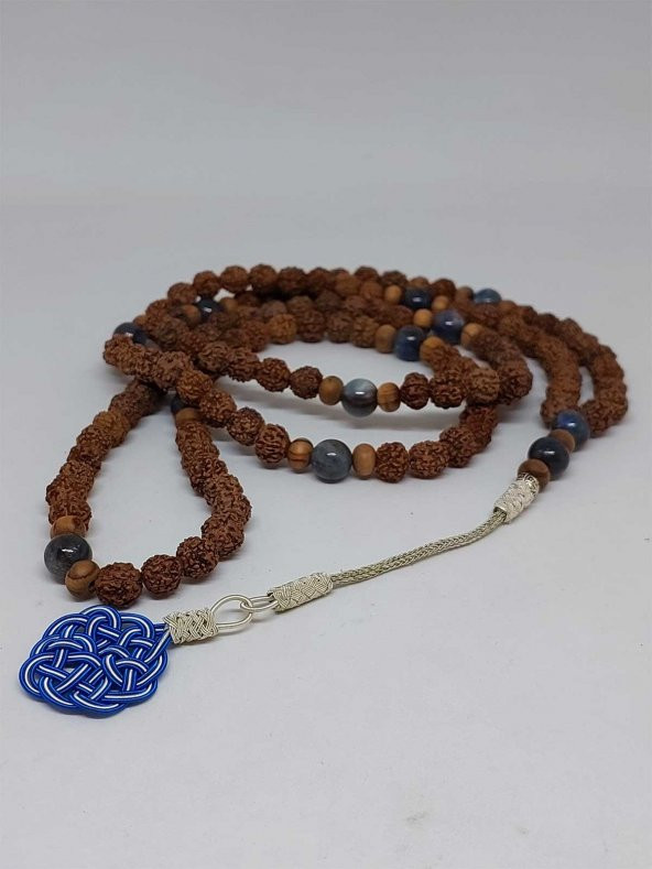 Rudraksha Tohumlu Kyanit Taşlı 108lik El Yapımı Bakır Kazazlı Mala Kolye - Resim 4
