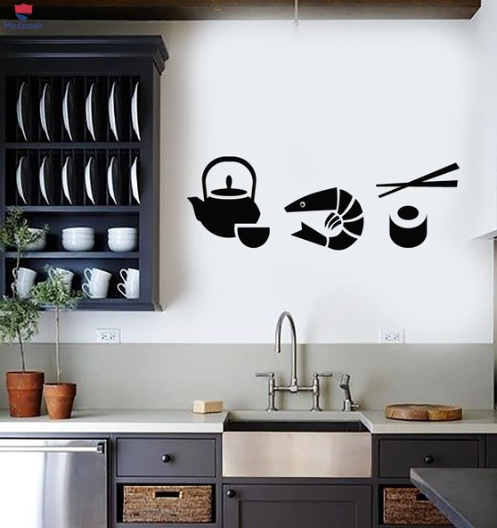 Dekorasyon Cam Duvar Sticker Karides Çay Makinesi Fincan Ruloları Suşi Mutfak Restoran Çıkartmaları