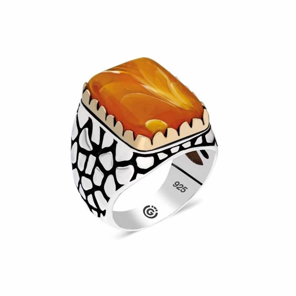 Lucky Life 925 Ayar Gumuss Turuncu Sıkma Kehribar Taşlı Kare Erkek Yüzük