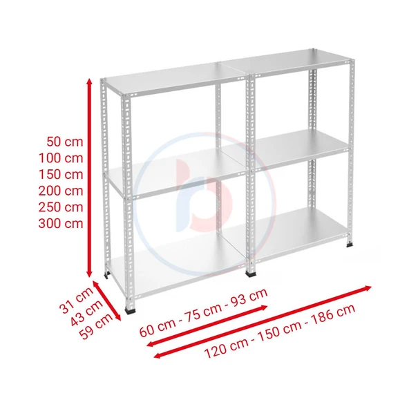 3 Katlı Duble Galvaniz Çelik Raf - Depo, Arşiv, Kiler, Dosya, Market Rafı  43x75 cm 200 cm 1.50 mm - 3