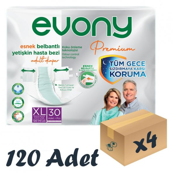 Evony Premium Esnek Bel Bantı Yetişkin Hasta Bezi XLarge 30lu 4 Paket 120 Adet - 1
