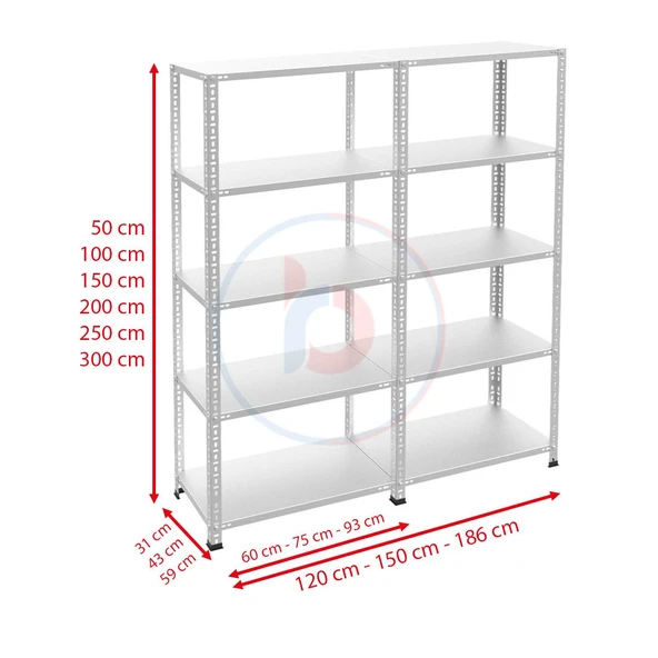 5 Katlı Duble Galvaniz Çelik Raf - Depo, Arşiv, Kiler, Dosya, Market Rafı  59x75 cm 300 cm 1.00 mm - Resim 2