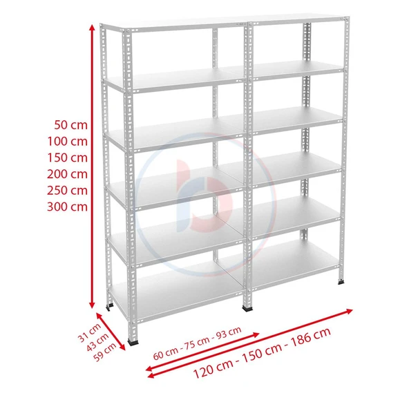 6 Katlı Duble Galvaniz Çelik Raf - Depo, Arşiv, Kiler, Dosya, Market Rafı  59x93 cm 250 cm 1.50 mm - 3