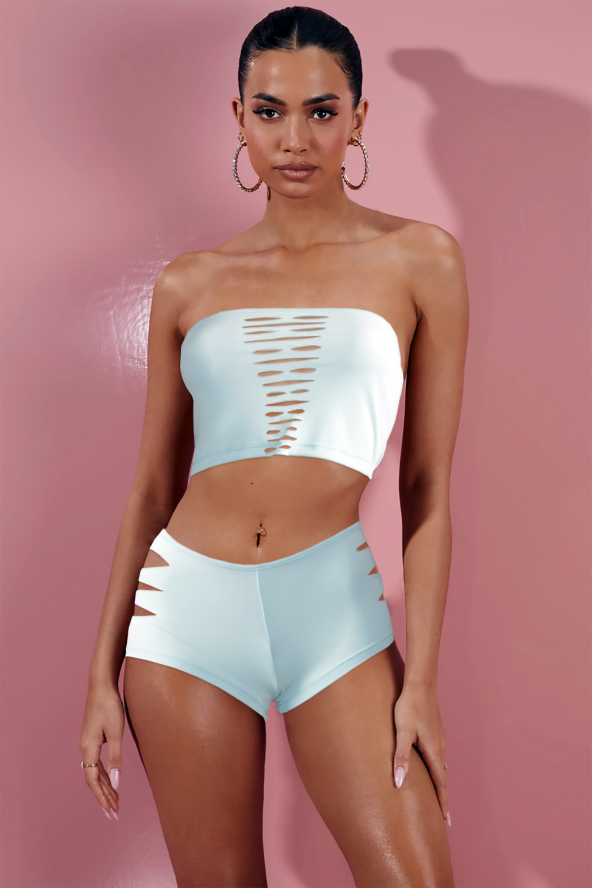 Ergü Su Yeşili Lazer Kesim Pencere Detaylı Kadın Şort Crop Takım Ergü1207-1