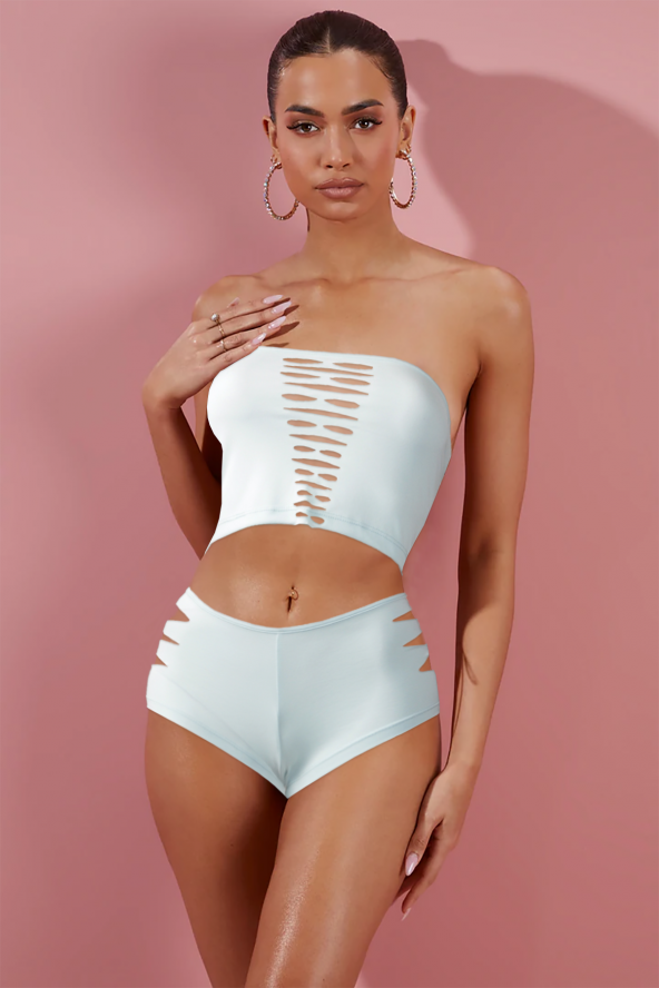 Ergü Su Yeşili Lazer Kesim Pencere Detaylı Kadın Şort Crop Takım Ergü1207-1 - 3