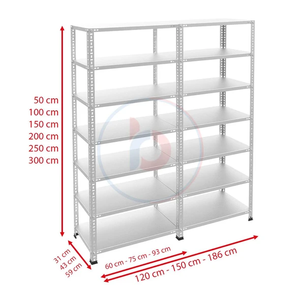 7 Katlı Duble Galvaniz Çelik Raf - Depo, Arşiv, Kiler, Dosya, Market Rafı  43x93 cm 150 cm 1.00 mm - 3