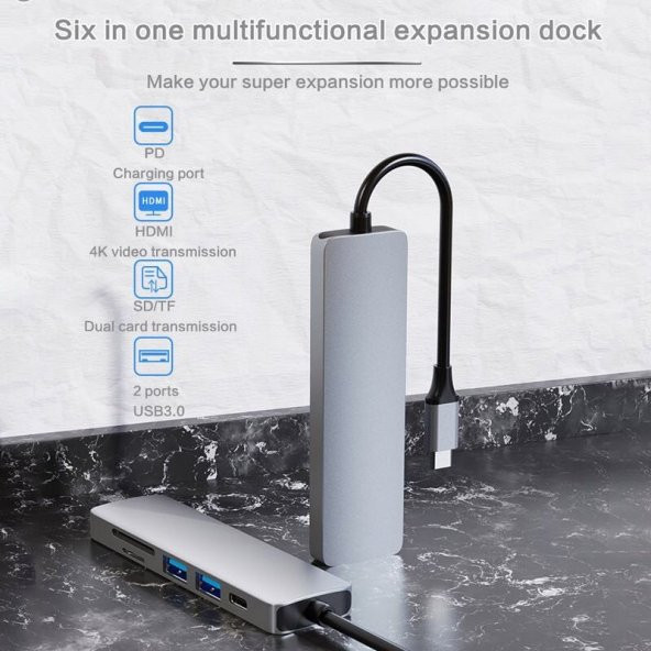 Airsky 6 In 1 Sd USB Type-C Hub HDMI Girişli Macbook Çevirici