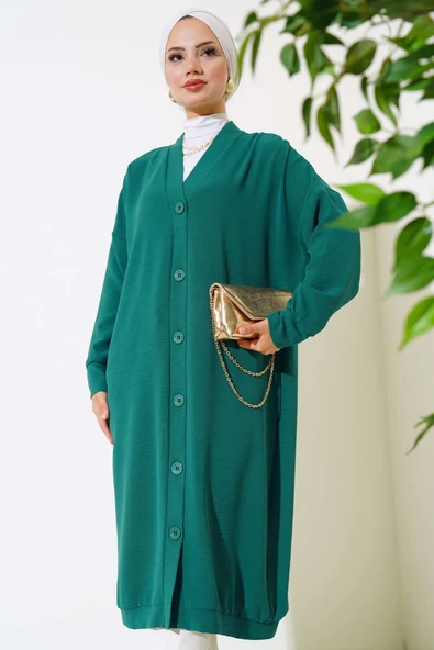Önü Düğmeli Ayrobin Zümrüt Yeşili Uzun Hırka - 2