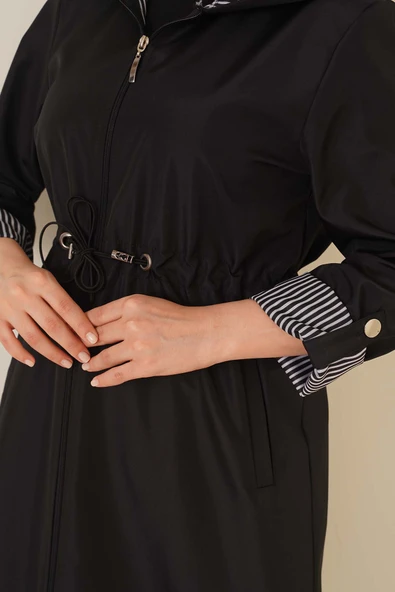 Beli Lastik Büzgülü Trençkot Siyah - Resim 4