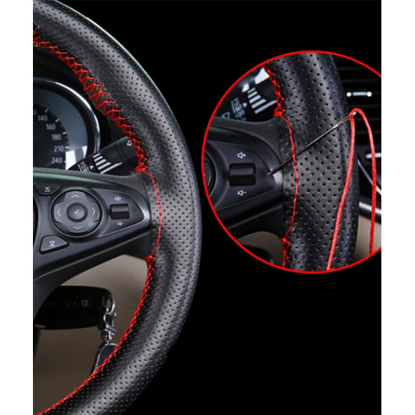Direksiyon Kılıfı Dikmeli Delikli Desen Kırmızı İpli Ford Focus Tüm Modeller Uyumlu ( 38-10.5cm ) - 2
