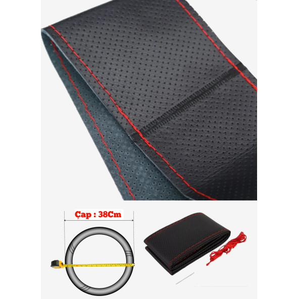 Direksiyon Kılıfı Dikmeli Delikli Desen Kırmızı İpli Ford Focus Tüm Modeller Uyumlu ( 38-10.5cm ) - 3