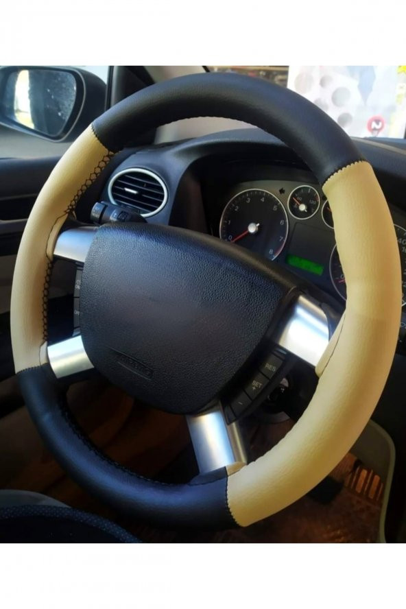Fiat Linea Uyumlu Direksiyon Kılıfı Dikmeli Iki Renkli 4 Prc Bej Siyah 10.3cm ürün görseli