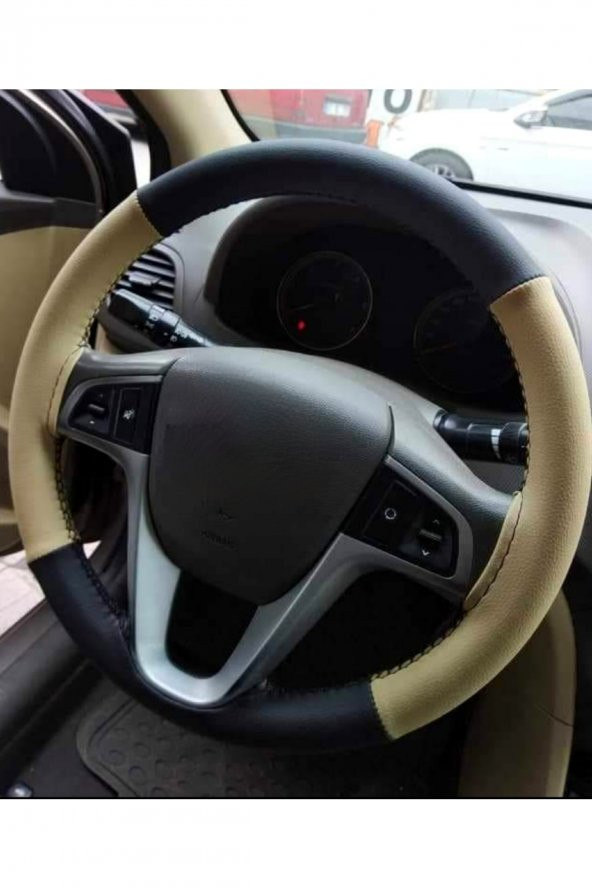 Fiat Linea Uyumlu Direksiyon Kılıfı Dikmeli Iki Renkli 4 Prc Bej Siyah 10.3cm - Resim 2