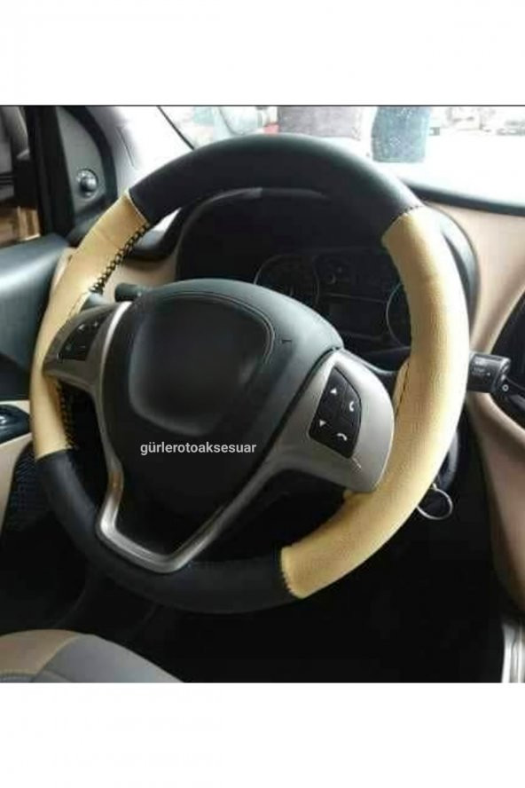 Fiat Linea Uyumlu Direksiyon Kılıfı Dikmeli Iki Renkli 4 Prc Bej Siyah 10.3cm - Resim 3