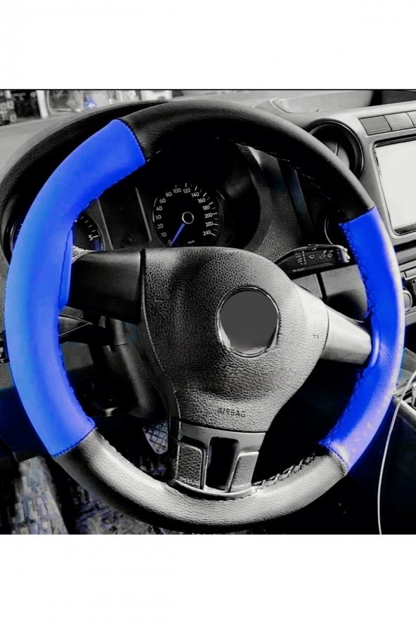 10 Adet Universal Deri Dikmeli Direksiyon Kılıfı Iki Renkli Mavi-siyah -4parçalı- (38-10.5cm) - Resim 3