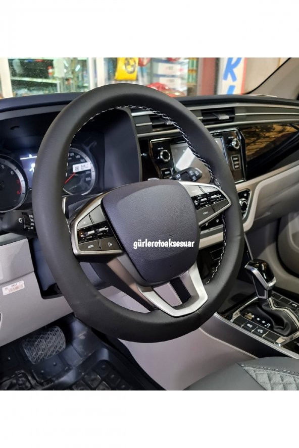 Ford Courier Uyumlu Dikmeli Direksiyon Kılıfı Siyah Deri-gri Ipli Esnek Ve Kokusuz ( 38×10.5cm ) - Resim 2