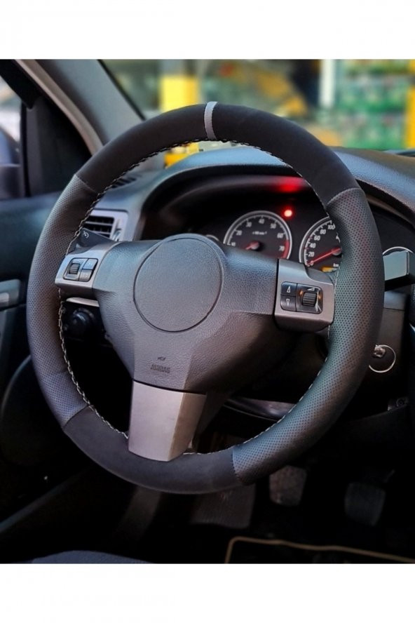 Toyota Auris Uyumlu Dikmeli Direksiyon Kılıfı Noktalı-Alkantara Gri Yüzüklü