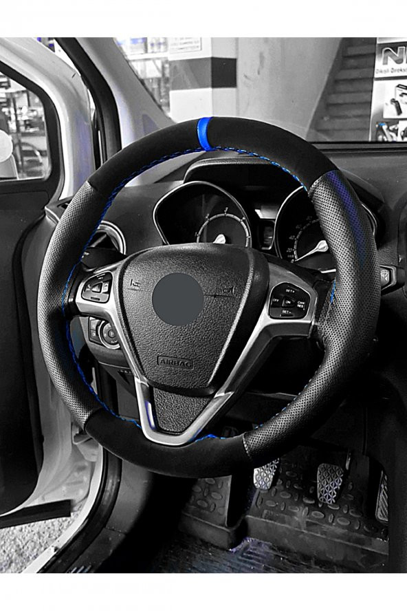 Nissan Qashqai 2 Uyumlu Direksiyon Kılıfı Dikmeli Noktalı-Nubuk Mavi Yüzüklü