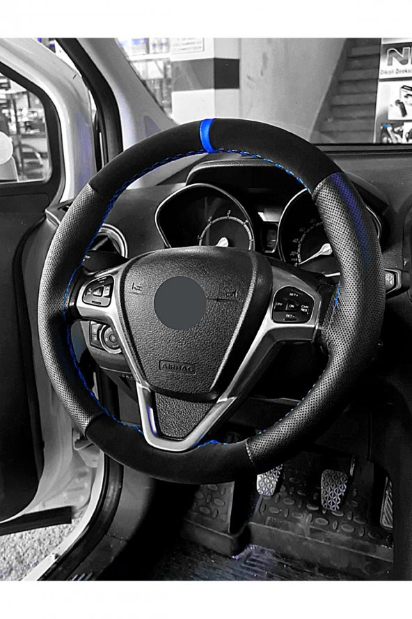 Fiat Brava Uyumlu Direksiyon Kılıfı Dikmeli Noktalı-Nubuk Mavi Yüzüklü