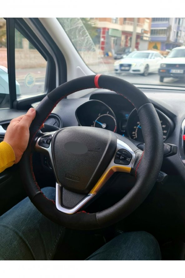 Hyundai Tuscon Uyumlu Direksiyon Kılıfı Dikmeli Noktalı-Nubuk Kırmızı Yüzüklü - Resim 3