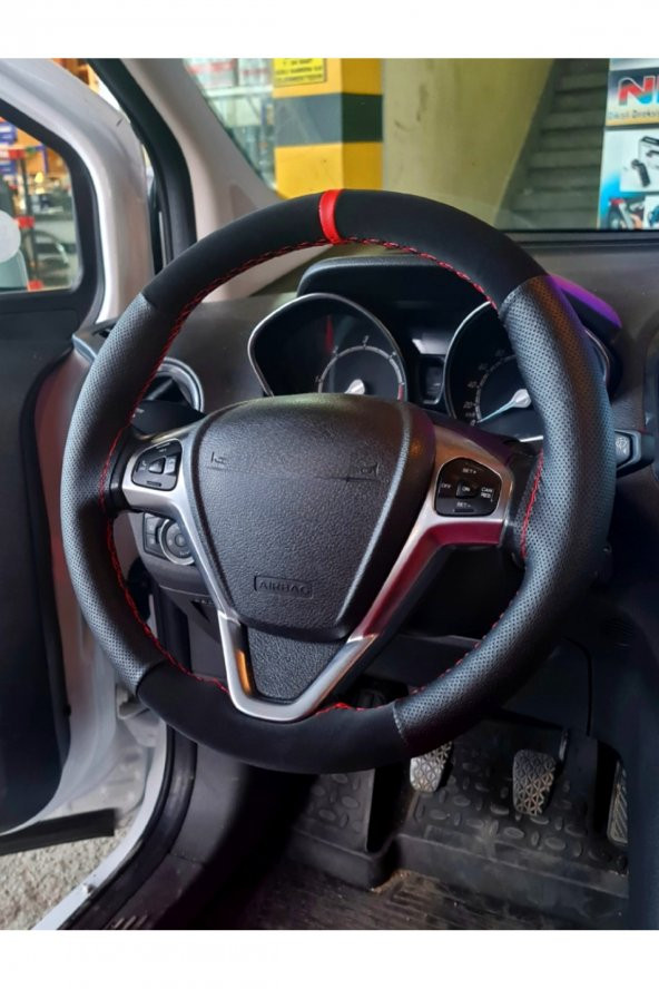 Mini Cooper S Uyumlu Direksiyon Kılıfı Dikmeli Noktalı-Nubuk Kırmızı Yüzüklü