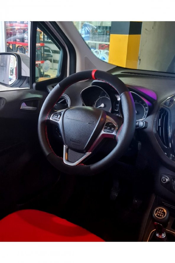 Renault 19 Uyumlu Deri Dikmeli Direksiyon Kılıfı Noktalı-Nubuk Kırmızı Yüzüklü - Resim 2