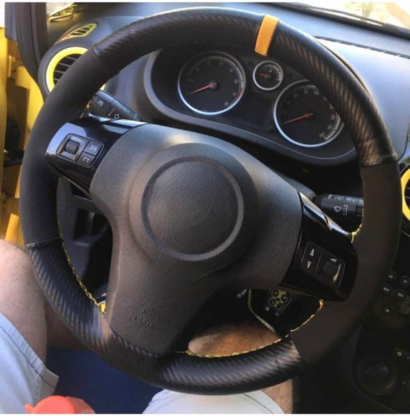 Fiat Fiorino Uyumludur (2010-2021) Dikmeli Direksiyon Kılıfı Carbon Desenli-alkantra Sarı Yüzük - 3