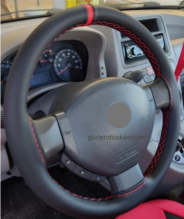 Fiat Doblo Uyumludur Deri Dikme Direksiyon Kılıfı Soft Kırmızı Yüzüklü Model - Resim 3