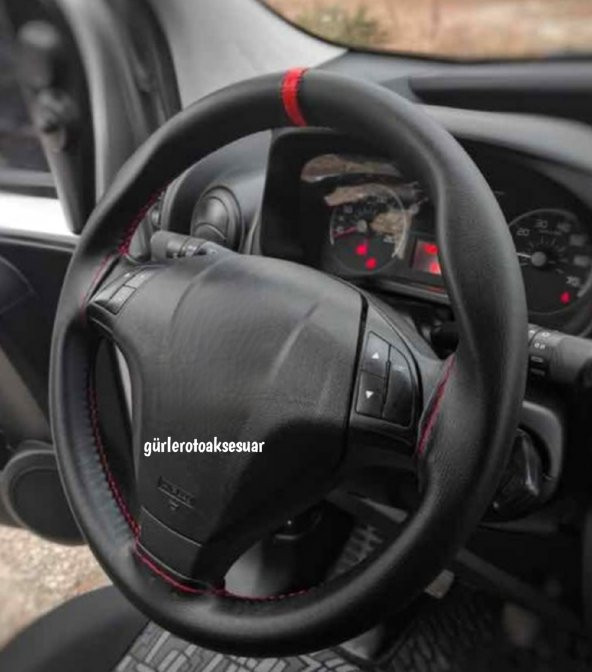 Fiat Doblo Uyumludur Deri Dikme Direksiyon Kılıfı Soft Kırmızı Yüzüklü Model ürün görseli