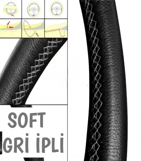 SsangYong Actyon Uyumlu Dikmeli Direksiyon Kılıfı Soft Siyah Gri İpli ( 38×10CM ) - Resim 2