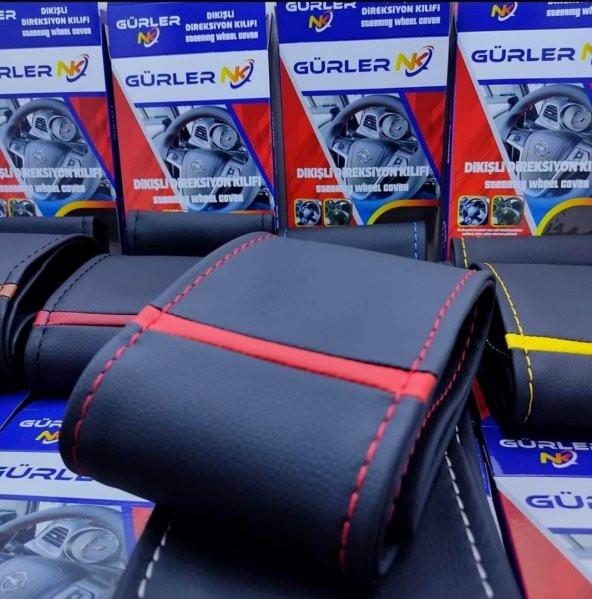 Fiat Linea Uyumlu Dikmeli Direksiyon Kılıfı Soft Siyah Deri Kırmızı Yüzüklü A+Plus ( 38-10.5CM ) - 2