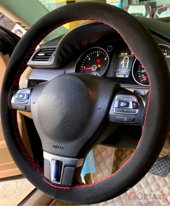 Vw Polo 2017> Uyumlu Alcantara Nubuk Dikmeli Direksiyon Kılıfı Kırmızı İpli - Resim 2