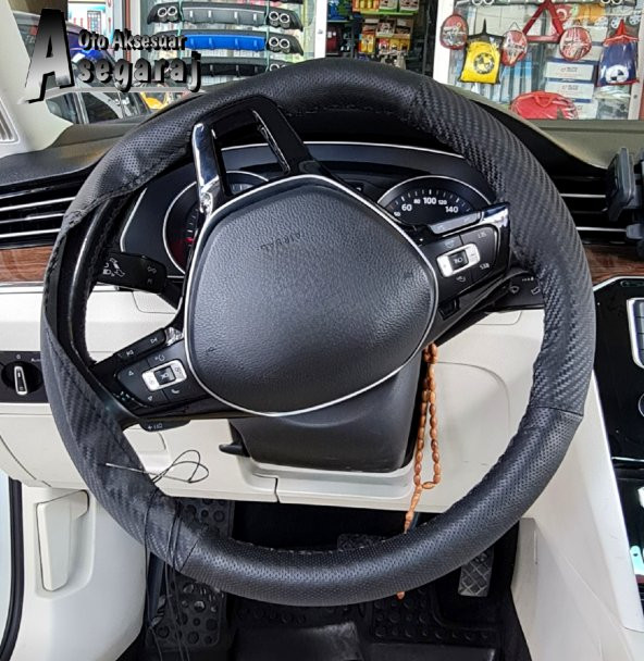 Vw Polo 2017> Uyumludur Carbon Direksiyon Kılıfı Dikmeli Noktalı Karbon Siyah - Resim 3