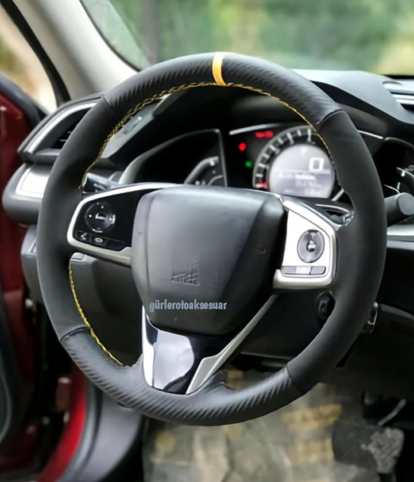 Honda Cıvıc Fc5 Uyumlu Sarı Yüzüklü Karbon Alkantara Dikmeli Direksiyon Kılıfı - 1