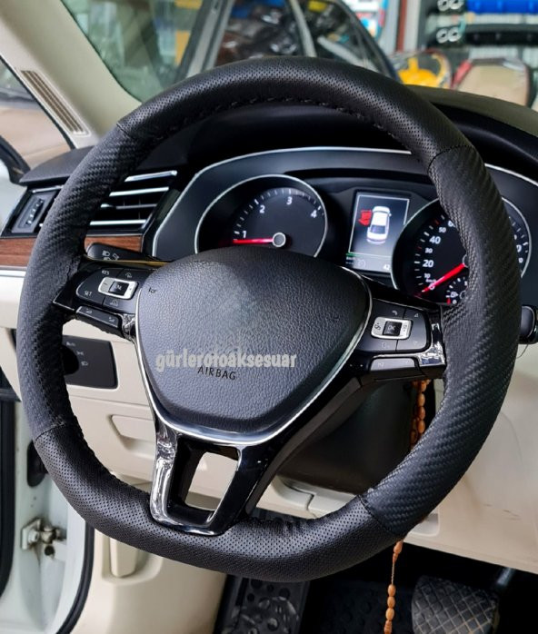 Vw Passat Polo 2017>  Uyumlu Karbon Direksiyon Kılıfı Dikmeli Noktalı Karbon Siyah - Resim 2