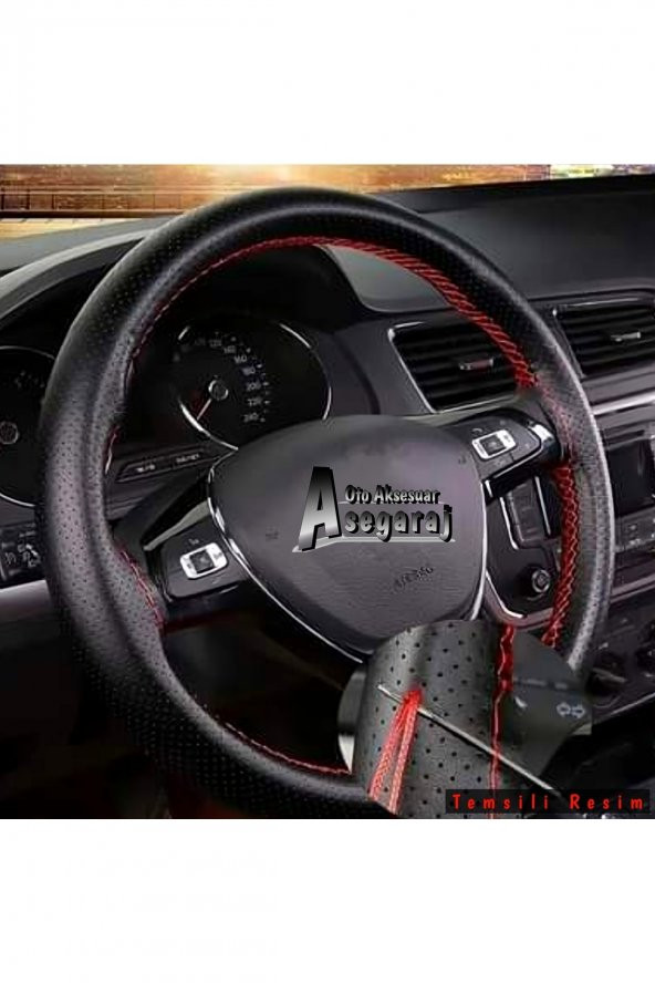Audi A5 Uyumlu Dikmeli Direksiyon Kılıfı Noktalı Siyah Deri-kırmızı Ipli ( 38cm×10.5cm ) - 2