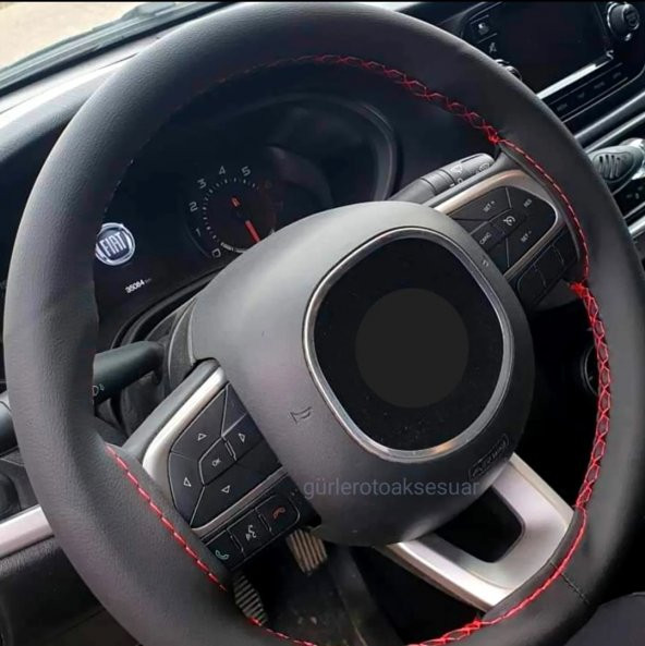 Fiat Egea Uyumlu Dikmeli Direksiyon Kılıfı Siyah Deri-Kırmızı İpli Kokusuz ( 38Cm×11CM )