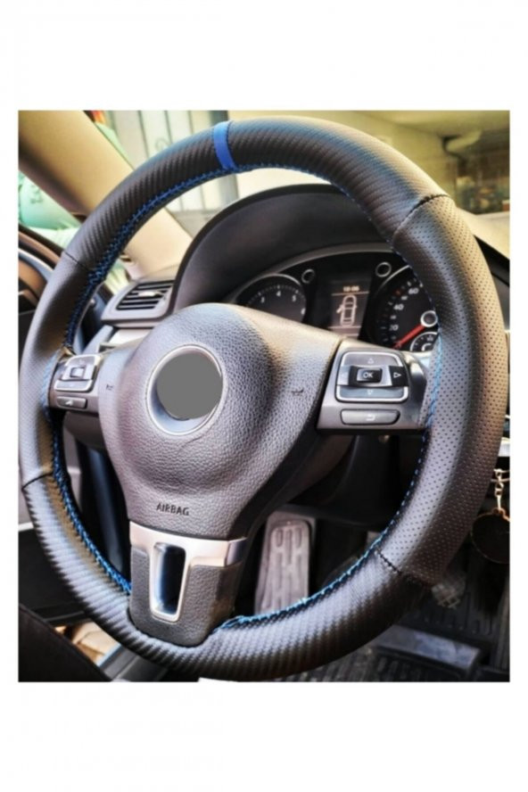 Universal Noktalı & Karbon Dikmeli Direksiyon Kılıfı Mavi Yüzüklü-mavi Ipli ürün görseli