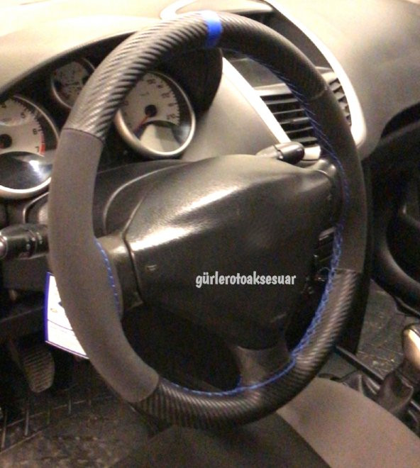 Peugeot 206 Uyumlu Dikmeli Direksiyon Kılıfı Alkantara Karbon Mavi Yüzüklü - Resim 2