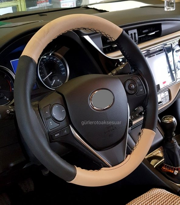 Citröen C5 Uyumlu Dikmeli Direksiyon Kılıfı İki Renkli Bej-Siyah (4prçlı) ürün görseli 1