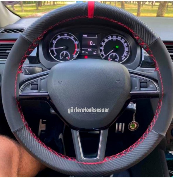 Skoda Rapid Uyumlu Dikmeli Direksiyon Kılıfı Alkantara Karbon Kırmızı Yüzüklü ürün görseli 1