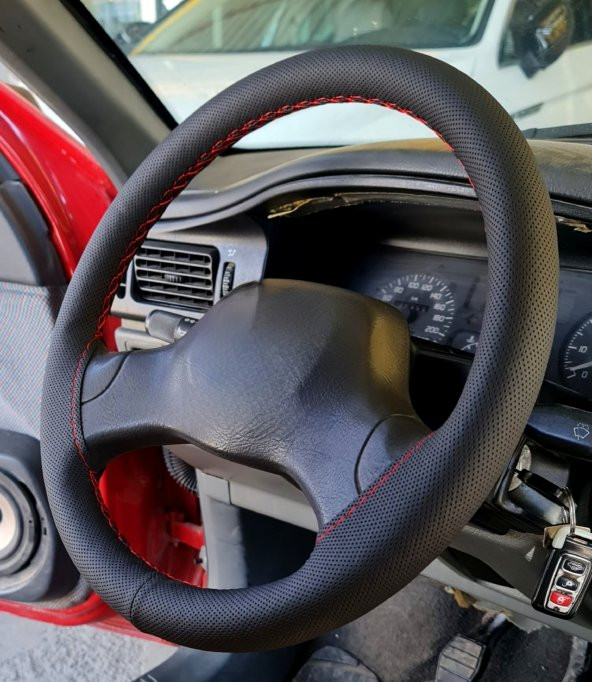 Renault 19 Uyumlu Deri Dikmeli Direksiyon Kılıfı Noktalı Kırmızı İpli (10CM) ürün görseli 1