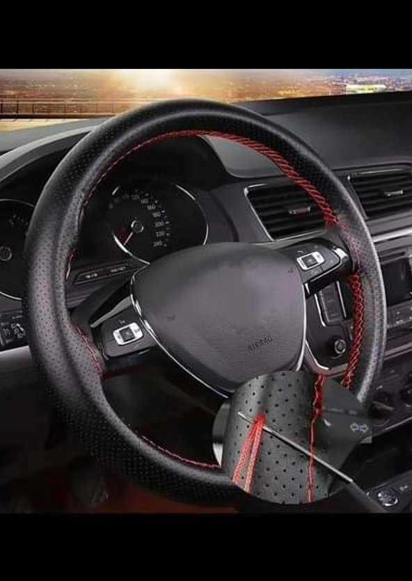Renault 19 Uyumlu Deri Dikmeli Direksiyon Kılıfı Noktalı Kırmızı İpli (10CM) - Resim 2