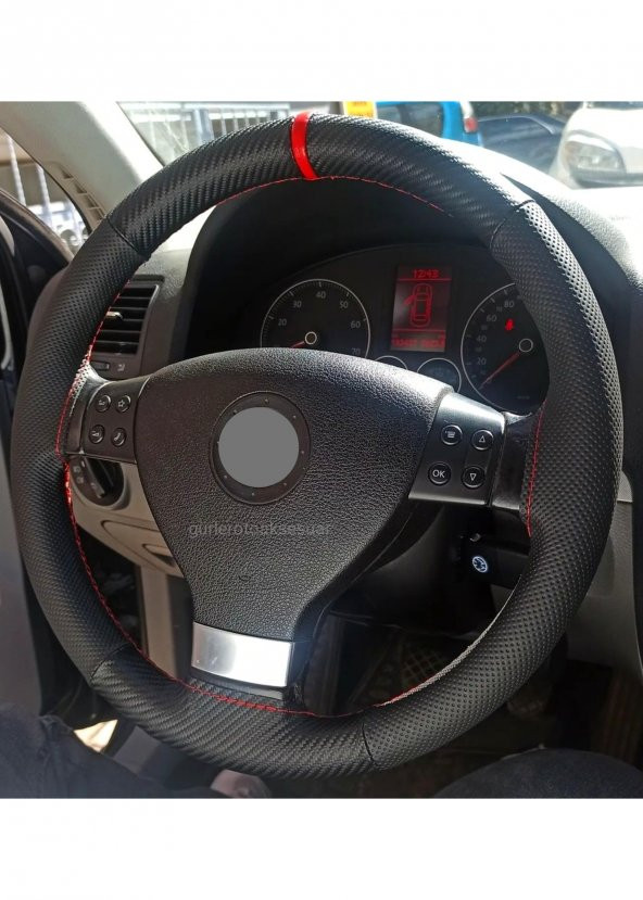 VW Golf 4 Uyumlu Dikmeli Direksiyon Kılıfı Noktalı-Karbon Kırmızı Yüzüklü