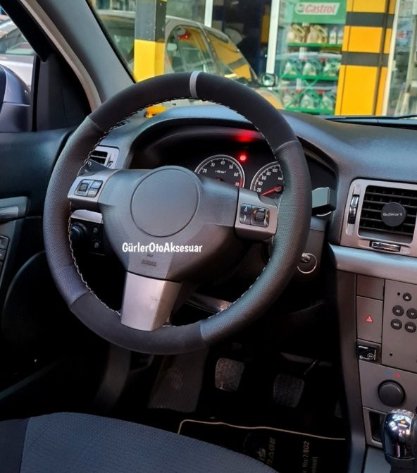 Noktalı-Alkantara Chevrolet Aveo Uyumlu Gri Yüzüklü Direksiyon Kılıfı - 2